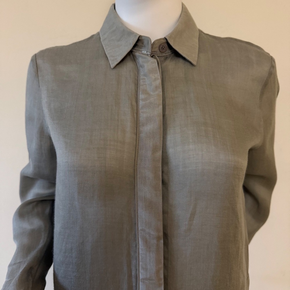 Lafayette 148 New York‎ Sage Green Grey Button Down Tunic Shirt Womens Petite P - Picture 2 of 13